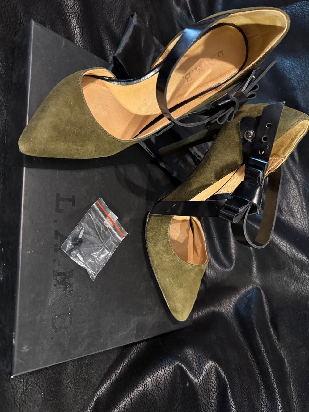 L.A.M.B. Olive Suede Pointed Toe Ankle Strap Heels